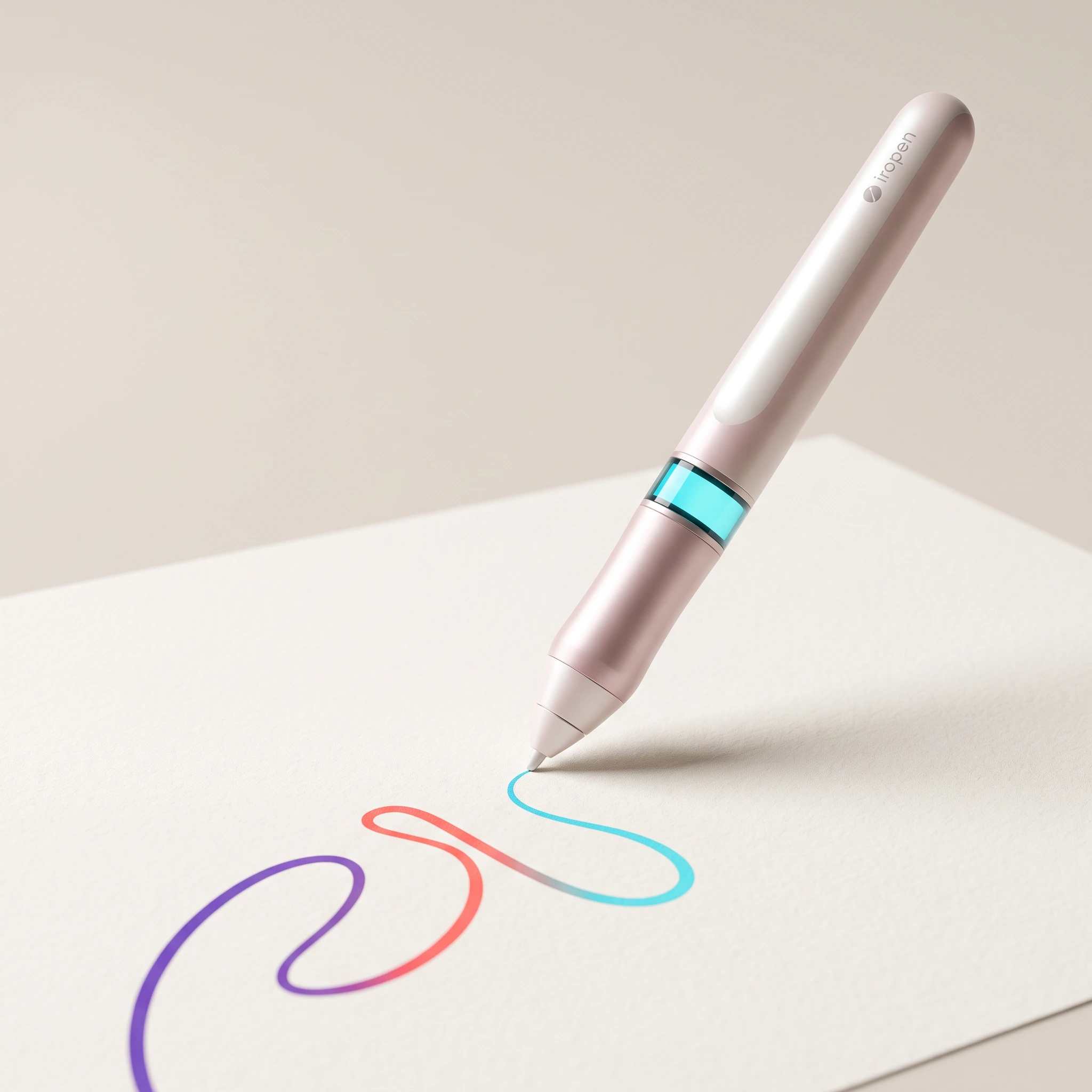 Iropen drawing instrument creating a flowing multicolor line on paper